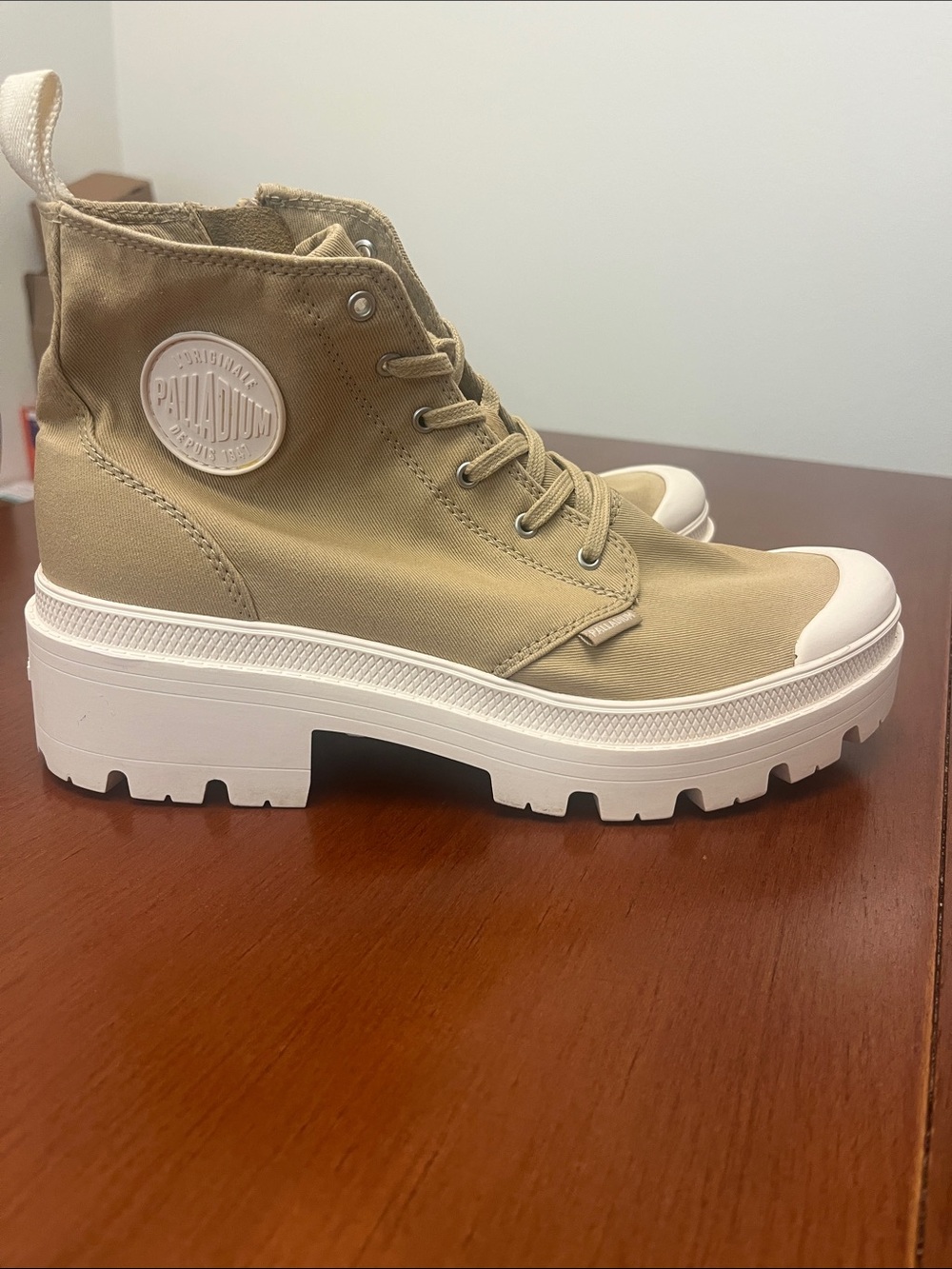 Palladium Women's Tan Canvas Lace-Up Platform Boot with White Sole